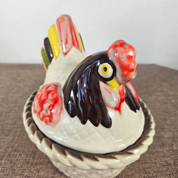Vintage Metlox Hen On Nest Poppy Trail Pottery Vernon Red Rooster Covered Dish - Picture 2 of 12